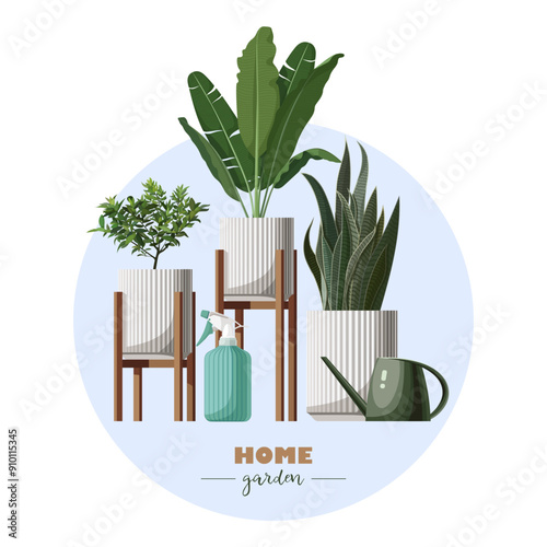 Home Garden. Potted houseplants, watering can, sprayer. Growing and caring for green plants at home. Concept of home gardening and eco-friendly hobby. Stock vector illustration.
