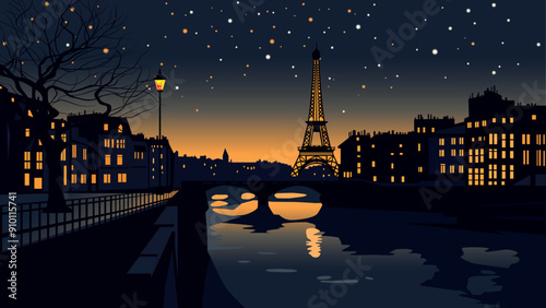 paris with the eiffel tower and the seine river at night time