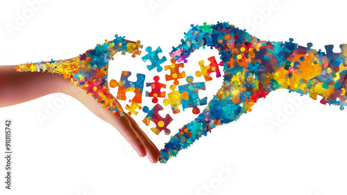 International Mental Health Day. On a white isolated background, hands put together a large heart from colorful puzzles. The concept of love and self-care, peace of mind and balance photo