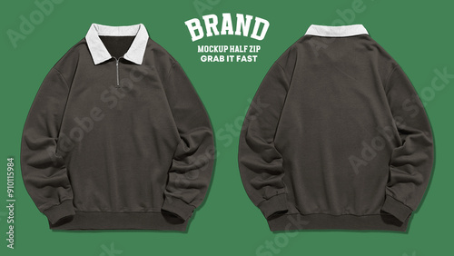 Blank half zip sweatshirt mockup in front and back views, design presentation for print, Half zip sweaters.