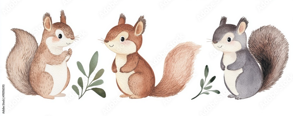 A watercolor illustration of three squirrels isolated on white background as a transparent PNG for use in generative AI animal clipart A watercolor illustration of three squirrels isolated on white background as a transparent PNG for use in generative AI animal clipart