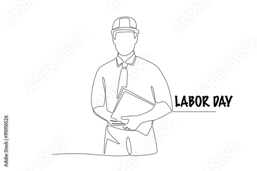 Project foreman holding laptop. Labor day concept one-line drawing