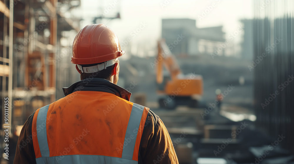 Back view Construction site worker supervisor engineer wearing hard hat supervising construction building site with construction cranes working on background Back view Construction site worker supervisor engineer wearing hard hat supervising construction building site with construction cranes working on background
