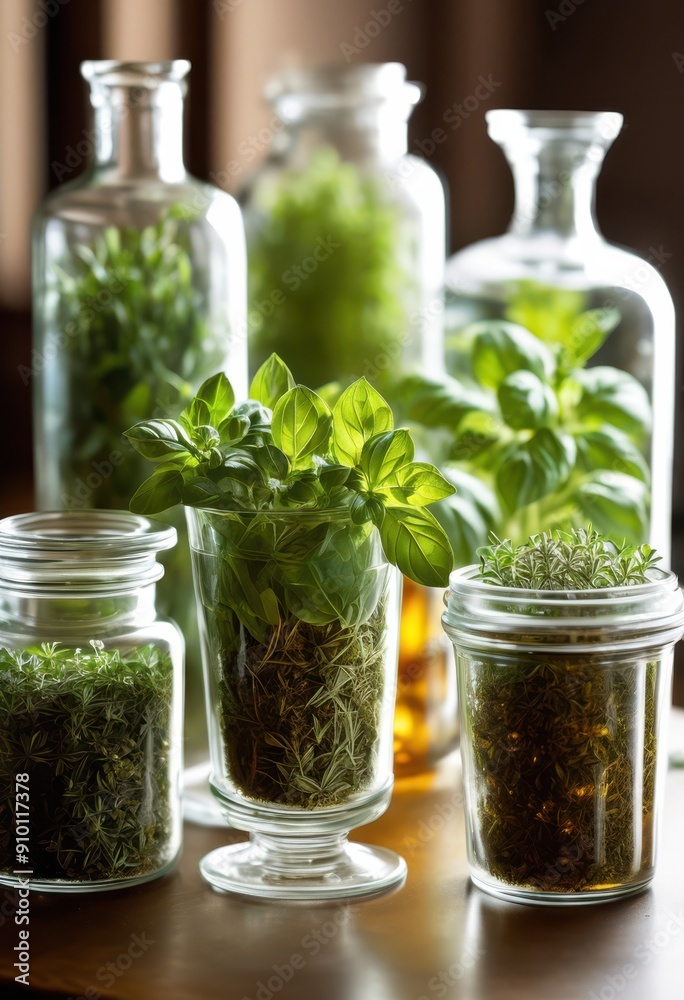 aromatic scented herbs displayed elegant glass containers soft ambient illumination creating tranquil atmosphere, light, fragrance, botanical, nature, green