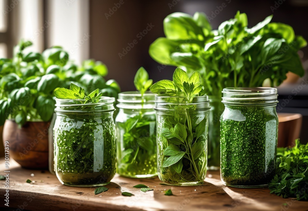 vibrant close fresh herbs displayed clear glass containers showcasing their lush green colors textures, basil, parsley, cilantro, mint, rosemary, thyme vibrant close fresh herbs displayed clear glass containers showcasing their lush green colors textures, basil, parsley, cilantro, mint, rosemary, thyme