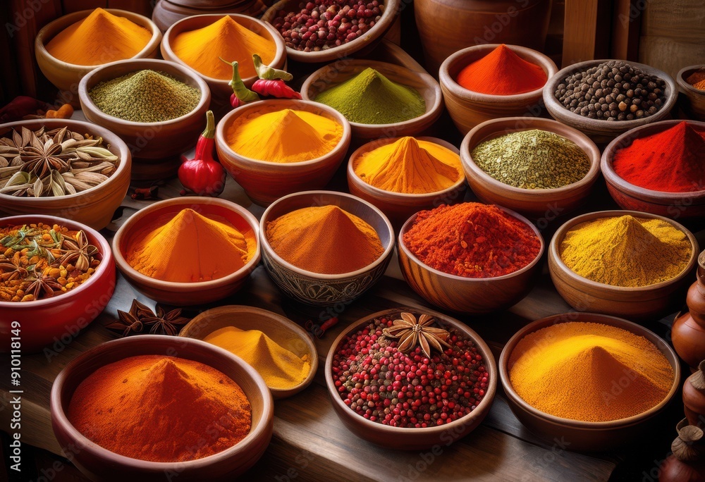 vibrant display diverse spices bowls showcasing colorful array natural ingredients culinary inspiration, diversity, aroma, herb, powder, flavor, seasoning vibrant display diverse spices bowls showcasing colorful array natural ingredients culinary inspiration, diversity, aroma, herb, powder, flavor, seasoning
