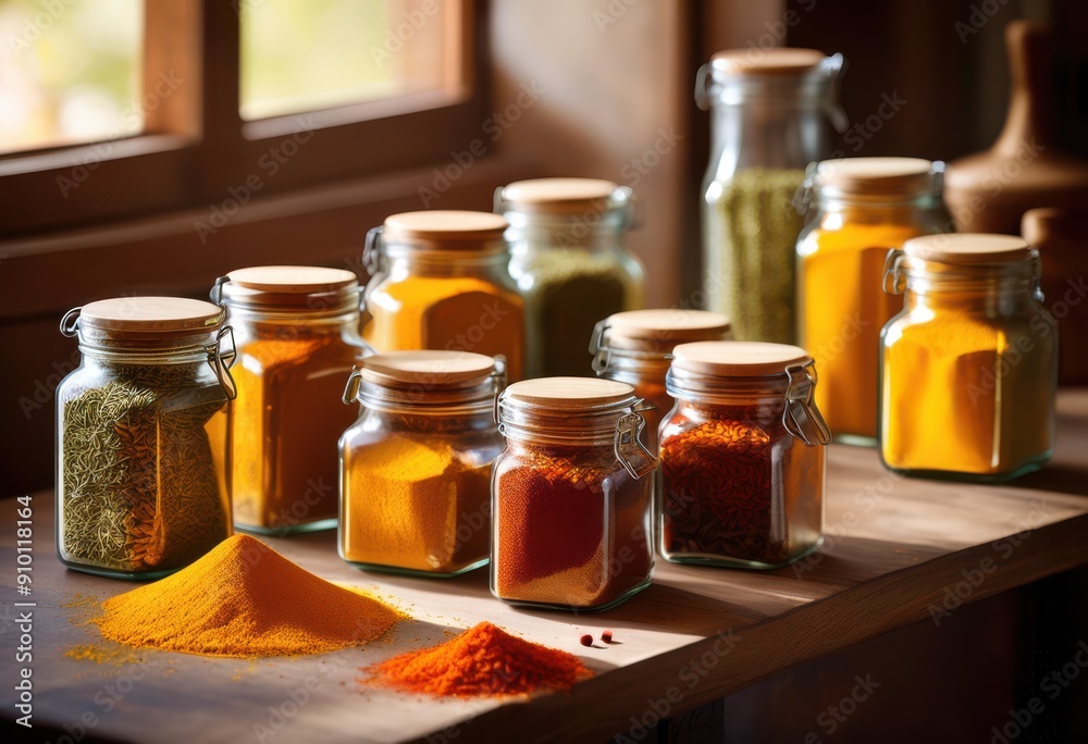 vibrant spices clear containers captured under natural illumination showcasing rich colors textures, herbs, jars, rack, kitchen, design, food, fresh vibrant spices clear containers captured under natural illumination showcasing rich colors textures, herbs, jars, rack, kitchen, design, food, fresh