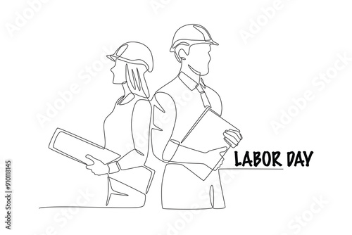 Architect and project foreman. Labor day concept one-line drawing