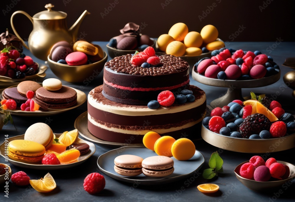 stunning eye view exquisite dessert spread showcasing variety textures colors culinary delight, sweets, pastries, cakes, tarts, chocolates, fruits stunning eye view exquisite dessert spread showcasing variety textures colors culinary delight, sweets, pastries, cakes, tarts, chocolates, fruits