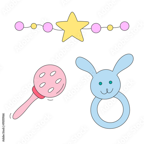 Сhildren's toy – ring with cute bunny, pink and yellow beanbags. Vector illustration on transparent background. Baby items doodle. Baby items vector sketch for web design.
