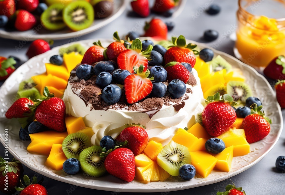 Obraz premium visually stunning dessert displayed vibrant colorful whipped artistic garnishes delightful culinary experience, toppings, fruits, cream, layered, sweet