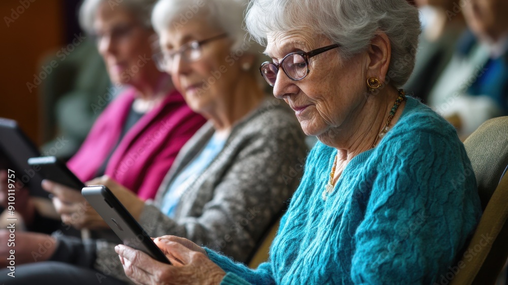 Seniors participating in a technology class, learning to use tablets and other digital devices, guided by a patient instructor, highlighting the importance of digital literacy and continuous learning Seniors participating in a technology class, learning to use tablets and other digital devices, guided by a patient instructor, highlighting the importance of digital literacy and continuous learning