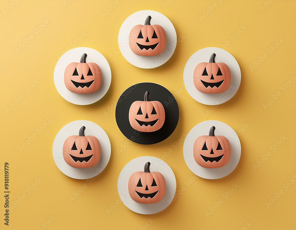 A playful and symmetrical arrangement of jack-o-lanterns on circular plates