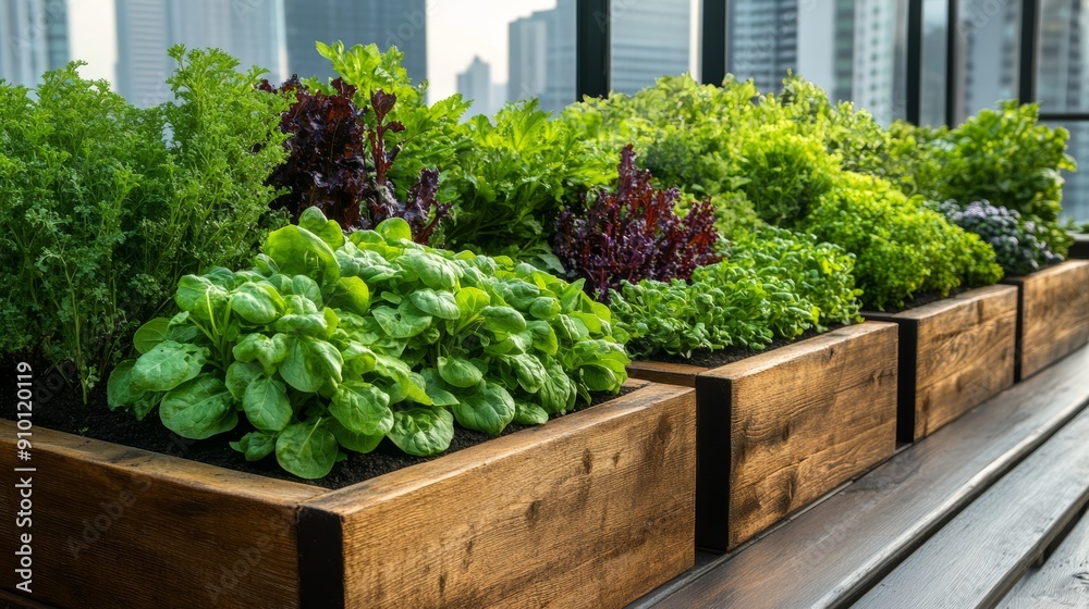 A vibrant rooftop garden with various herbs and greens growing in wooden planters. A vibrant rooftop garden with various herbs and greens growing in wooden planters.