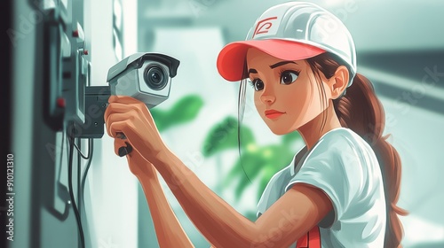 Digital illustration of Female Technician Installing Wireless CCTV Camera