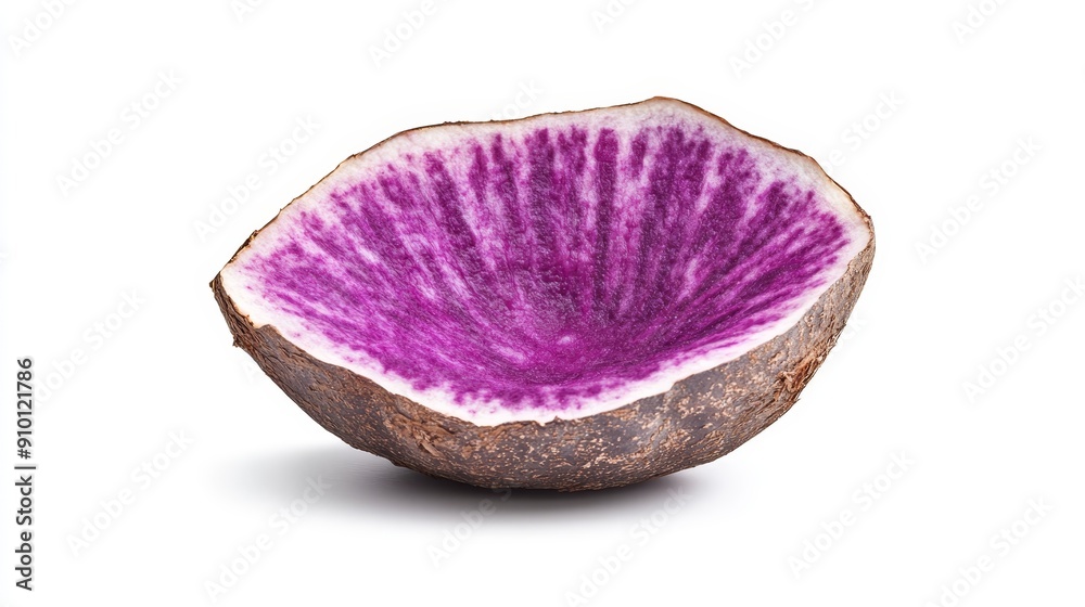 Halved purple yam revealing its vibrant violet interior, detailed texture of the flesh and skin. Isolated on a crisp white background Halved purple yam revealing its vibrant violet interior, detailed texture of the flesh and skin. Isolated on a crisp white background