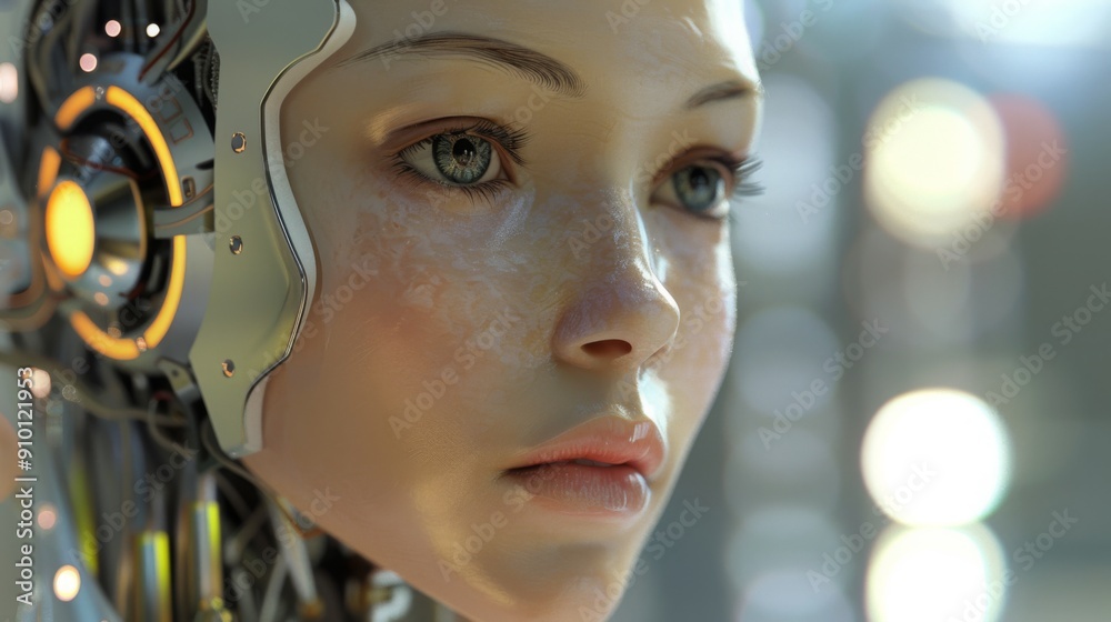 Hyper-realistic Female Android Robot with Lifelike Features, Optimized Lighting in UHD Detail, Robotic Technology and Artistry Hyper-realistic Female Android Robot with Lifelike Features, Optimized Lighting in UHD Detail, Robotic Technology and Artistry