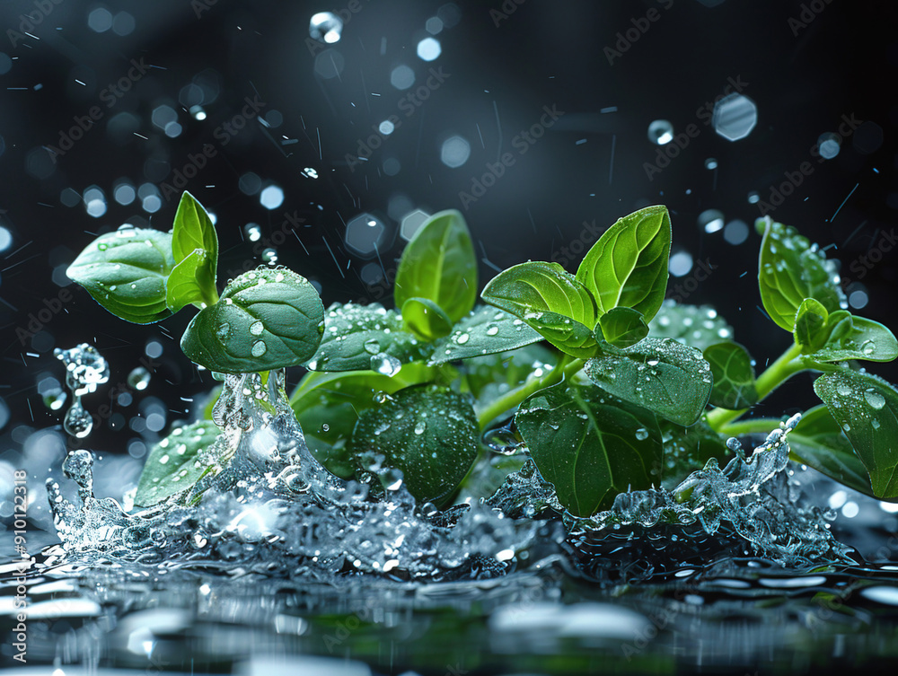 Vibrant THYME splashing with water and ice on elegant black background Thyme plant growing in organic herb garden. Green thyme background Vibrant THYME splashing with water and ice on elegant black background Thyme plant growing in organic herb garden. Green thyme background