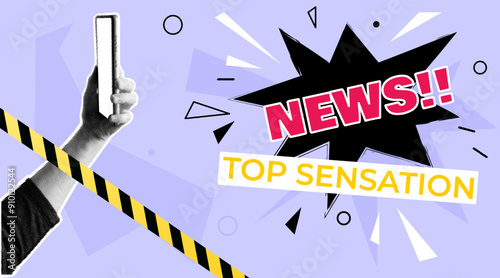 Collage top news, sensation. Halftone trendy hand shoots news. Ad concept. Vector graphics.