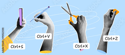 Collage of halftone hands, concept of hot keys save, copy, paste, cut. Vector graphics.