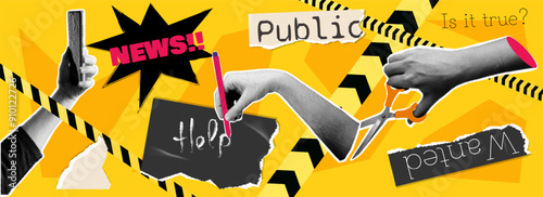 Collage of elements Hand, writes, scissors, cut, news, barrier tape. Concept of news, social problems