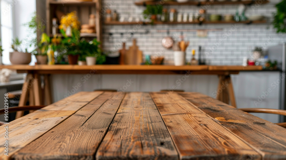 A wide table in the foreground in the kitchen A wide table in the foreground in the kitchen