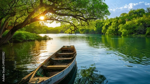 canoe on a lake surrounded by forest on a sunrise