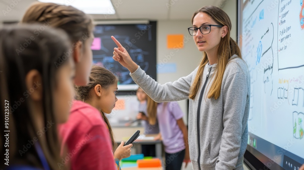 Obraz premium A teacher using an interactive whiteboard to explain a complex concept to attentive students in a modern classroom their focused expressions and the advanced technology underscore the integration of