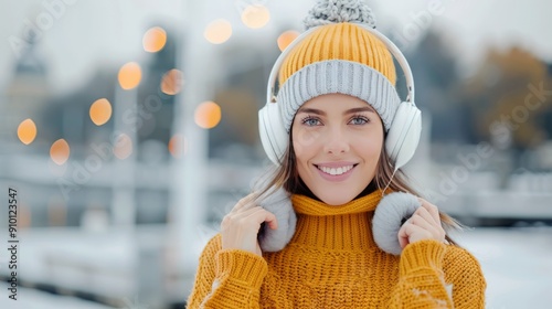 Young Woman Enjoying Winter Outdoors in Cozy Sweater With Headphones Near Hol...