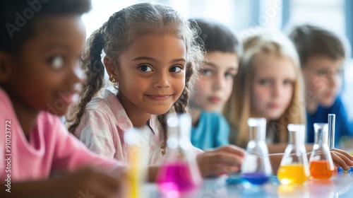 Elementary school students in a bright classroom focusing intently on a hands-on science experiment with a teacher guiding them the excitement and curiosity in their expressions reflect the joy of