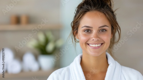 Happy Woman in Spa Robe Smiling at Wellness Center During Relaxing Day