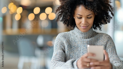 Young Woman Engaged With Smartphone in Cozy Cafe During Daytime
