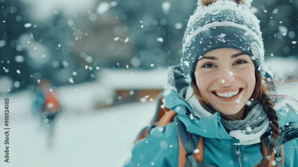 Smiling Woman Running in Snowy Park During Winter Afternoon Smiling Woman Running in Snowy Park During Winter Afternoon
