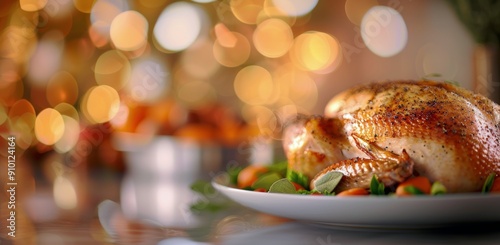 Roast Turkey on a Silver Platter Surrounded by Festive Decorations and Lights