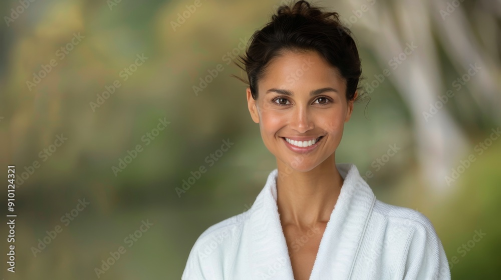 Happy Woman in Spa Robe Smiling at Wellness Center During Relaxing Day