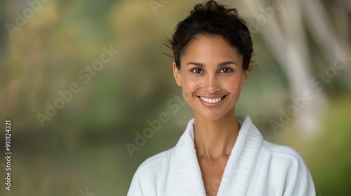 Happy Woman in Spa Robe Smiling at Wellness Center During Relaxing Day