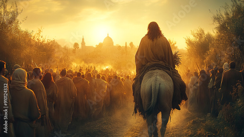 Jesus enters Nazareth on foot on Palm Sunday. Rear view. People are triumphant.