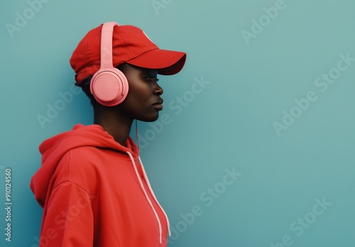 Young Individual Wearing Pink Headphones and Red Hoodie Against Teal Background