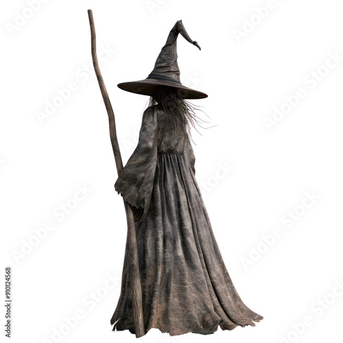 A witch is standing in front of a white background, holding a stick, 3D illustration, Halloween, Clipart, 3d render, isolate on a transparent background. photo