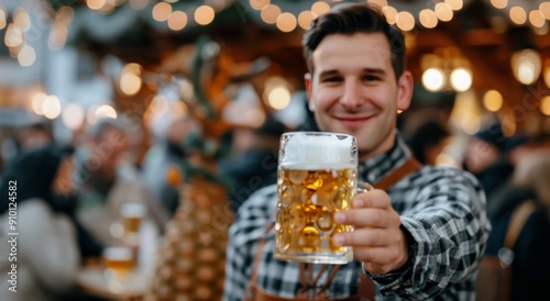 Young Man Holding Beer Mug at Festive Market During Evening Hours
