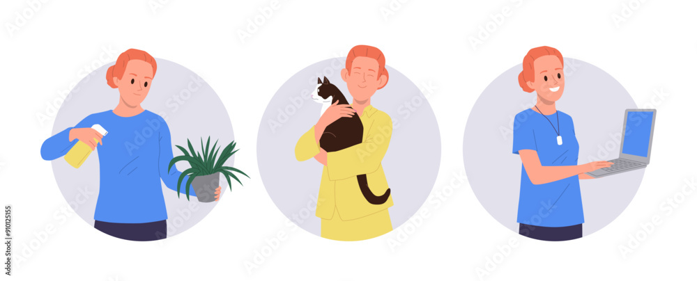 Fototapeta premium Young woman cartoon character enjoying different hobby, rest and job activity round composition