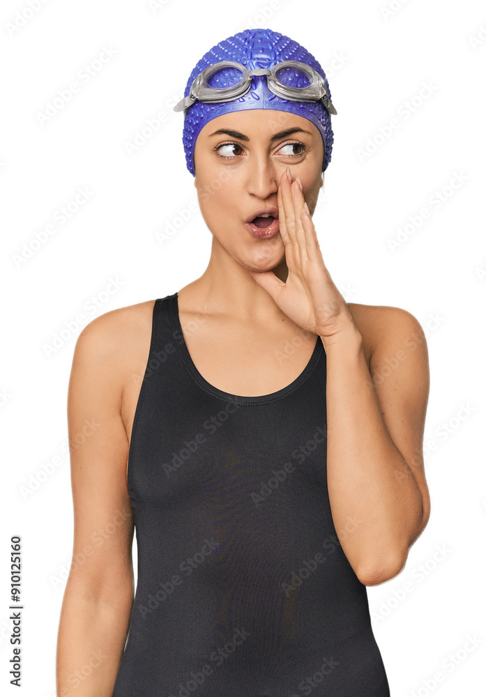 Young Caucasian female professional swimmer is saying a secret hot braking news and looking aside