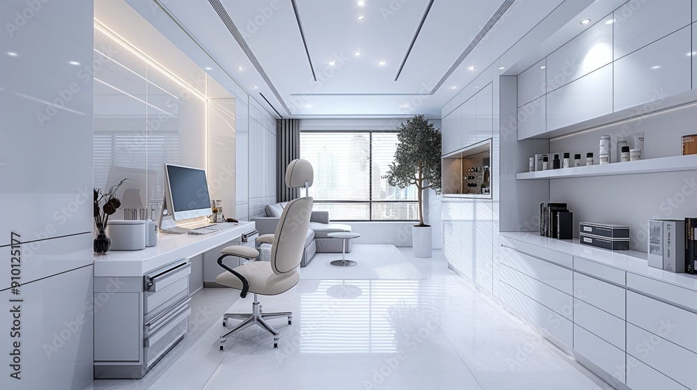 A modern, minimalistic office space with sleek furniture, ample storage, and a large window letting in natural light. A modern, minimalistic office space with sleek furniture, ample storage, and a large window letting in natural light.