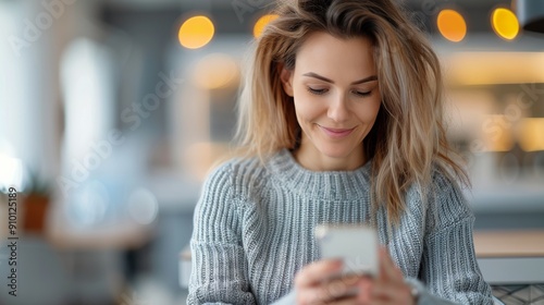 Young Woman Engaged With Smartphone in Cozy Cafe During Daytime