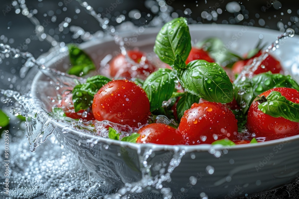 Close-up of Tomatoes and Basil in Water with Splatter Close-up of Tomatoes and Basil in Water with Splatter