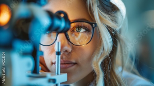 Woman undergoing an eye examination with high-tech equipment, focusing on precise vision analysis.