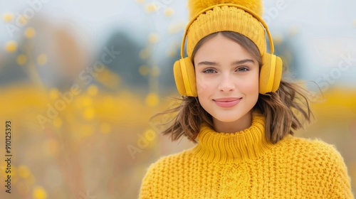 Young Woman Enjoying Winter Outdoors in Cozy Sweater With Headphones Near Hol...