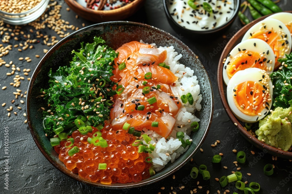 Close-Up of Salmon, Kale, and Rice Bowl with Toppings Close-Up of Salmon, Kale, and Rice Bowl with Toppings