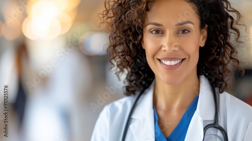 Confident Female Doctor Smiling While Standing in Hospital Corridor During Da...