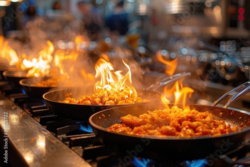 Flamb?ed Food Cooking on a Stovetop with Flames photo